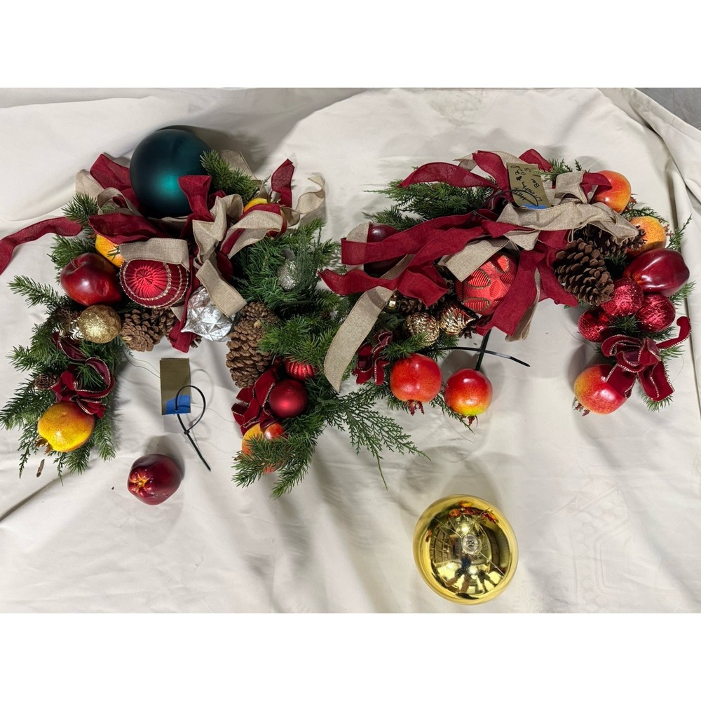 Christmas Evergreen Garland Red Gold Ornaments Pinecones Fruit Holiday Decor